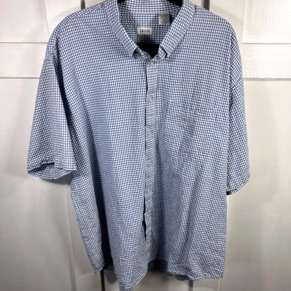 IZOD Mens XXL Blue White Gingham Seersucker Short Sleeve Button Down Shirt 1632